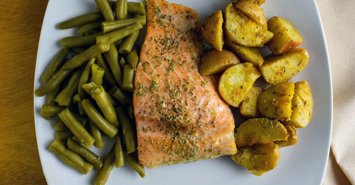 Oven roasted potatoes with salmon.